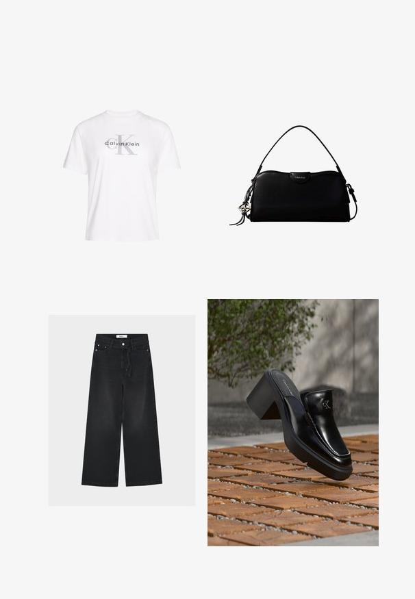 Hvid bomulds-T-shirt med korte ærmer, med et gråt trykt "Calvin Klein"-logo og et fremtrædende "K"-design i midten.; Sorte vidde jeans med høj talje, bæltestropper, forreste knap- og lynlåslukning samt et stofbælte bundet i taljen.; Sort læder Calvin Klein slip-on mule med blokhæl, der hviler på trætøj udendørs nær en grøn plante og en grå væg.; Sort rektangulær Calvin Klein håndtaske med enkelt toprem, sølvlogo vedhæng og lille klaplukning foran.