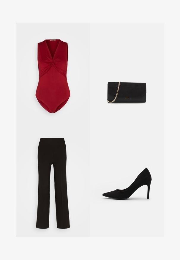 Anna Field Top - dark red; Zwarte, wijde broek gemaakt van een zachte stof met een aansluitende hoge tailleband en zonder zichtbare hardware of patronen.; Zwarte suède hoge hakpumps met een spitse neus, een gladde textuur en een slanke stiletto hak. Klassiek ontwerp met een slanke silhouet.; Zwarte clutch tas gemaakt van suede met een textuurafwerking, voorzien van een gouden schouderband en een strakke, hoekige vorm.