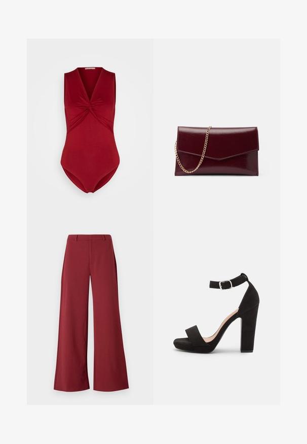 Anna Field by Zalando Top - dark red; Wijdvallende broek in een diepe bordeauxkleur. Gemaakt van een soepele, rekbare stof met op maat gemaakte naden en een rits aan de voorkant.; Anna Field by Zalando Sandalen - black; Bordeaux leren clutch tas met een strak, plat design. Voorzien van een gouden kettinghengsel en een hoekige klepsluiting. Soepele textuur met subtiele glans.