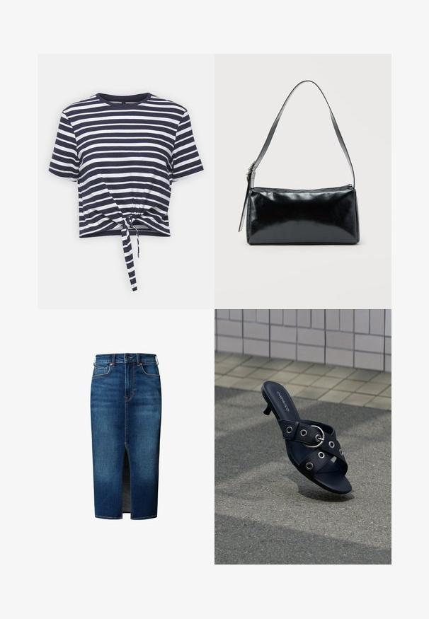 Camiseta corta a rayas en azul marino y blanco con mangas cortas, escote redondo y un detalle de nudo en el dobladillo. Material de algodón suave.; Falda midi de mezclilla azul oscuro con abertura frontal, cierre de botones, trabillas para cinturón y bolsillos delanteros.; Sandalia negra de tacón con tiras cruzadas que presentan ojales plateados y una hebilla redonda, situada sobre un pavimento texturizado junto a una pared con azulejos.; Bolso de hombro rectangular negro con una correa ajustable y un cierre de cremallera superior sobre un fondo liso.