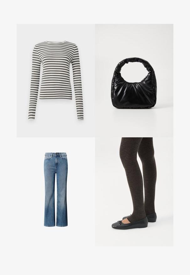 Langemouwige top in olijfgroen met witte strepen. Ribbelstructuur, ronde halslijn en aangesloten pasvorm. Geen zichtbare hardware of accenten.; Blauwe denim jeans met een hoge taille, wijd uitlopend ontwerp en een vervaagde wassing. Heeft een klassieke vijf-pocket stijl en een sluiting met een knoop aan de voorkant.; Benen met donkere geribbelde leggings gecombineerd met zwarte ballerina's met kleine strikdetails op een witte achtergrond.; Zwarte gevoerde handtas met een ronde handgreep, met een gladde, glanzende oppervlakte en een zachte, gewatteerde textuur. Geen zichtbare metalen onderdelen of accenten.