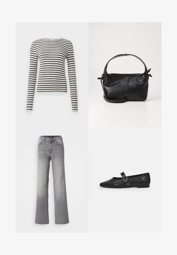 Langærmet top i olivengrøn og hvide striber. Ribbet tekstur, rund halsudskæring og tætsiddende pasform. Ingen synlige metaldele eller accenter.; Højtaljede grå denim jeans med lige ben, med frontknap og lynlås, foran og bagpå lommer, samt nedtoning på lår og lægge.; Sorte læder flade sko med rund tå, et enkelt justerbart spænde og en glat, blank overflade. Minimalistisk design med en lav hæl.; Sort læderhåndtaske med et struktureret design, rund tophåndtag og aftagelig skulderrem. Den har en glat tekstur og en subtil glans.