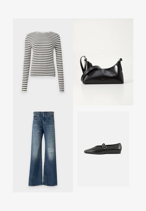 Langærmet top i olivengrøn og hvide striber. Ribbet tekstur, rund halsudskæring og tætsiddende pasform. Ingen synlige metaldele eller accenter.; Bredde ben denim jeans i mørkeblå, med et distressed design med revnede lapper og subtilt falmende. Klassisk fem-lomme stil.; Sorte læder flade sko med spidse tæer, prydet med en metallisk spænde over vristen og en lav, fleksibel sål.; Sort læderhåndtaske med en glat tekstur. Har en justerbar stropp og et enkelt, minimalistisk design med lynlås.
