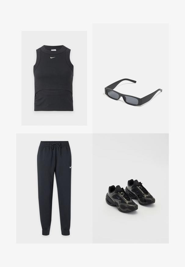 Čierny krátky športový top bez rukávov s rebrovanou textúrou a bielym logom Nike swoosh na hrudi.; Čierne tepláky Nike s elastickým pásom a šnúrkou, zúžené nohavice, lemovanie na členkoch a malý biely Nike znak na pravom stehne.; Čierne športové topánky so syntetickým materiálom, sieťovanými akcentmi a zaoblenými podrážkami. Majú šnurovací systém a výrazné logo Nike na jazyku.; Čierne obdĺžnikové slnečné okuliare s tmavými sklami a hrubými matnými rámami. Ramena sú mierne zúžené s hladkým povrchom.