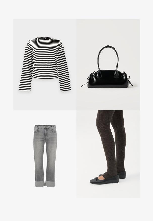Sort-hvidt, vandretstribet langærmet cropped top med rund halsudskæring og let rynket taljedetalje.; Grå denim jeans med lige ben, med foldet kant. Klassisk fem-lommestil og lukning med knap foran.; Ben iført mørke ribbede leggings kombineret med sorte balletsko med små sløjfedetaljer på hvid baggrund.; Lille sort blank håndtaske med to lange håndtag og snøre-detaljer i siden på en ensfarvet lys baggrund.