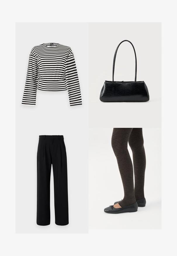 Top corto de manga larga con rayas horizontales en blanco y negro, escote redondo y detalle de cintura ligeramente fruncida.; Pantalones rectos de tiro alto en negro con piernas anchas, presillas para cinturón y pliegues en la parte delantera sobre un fondo blanco.; Piernas con leggings oscuros acanalados combinados con bailarinas negras que presentan pequeños detalles de lazo sobre un fondo blanco.; Bolso de hombro rectangular negro con correas largas y delgadas y una textura lisa y brillante sobre un fondo liso.