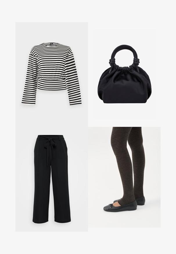 Sort-hvidt, vandretstribet langærmet cropped top med rund halsudskæring og let rynket taljedetalje.; Sorte brede bukser lavet af blødt stof. Har en front tie-bælte, plisseringer og opfoldede manchetter, hvilket giver en afslappet silhuet.; Ben iført mørke ribbede leggings kombineret med sorte balletsko med små sløjfedetaljer på hvid baggrund.; Sort blød stofhåndtaske med samlet top og cirkulære polstrede håndtag bundet med knuder på hver side.