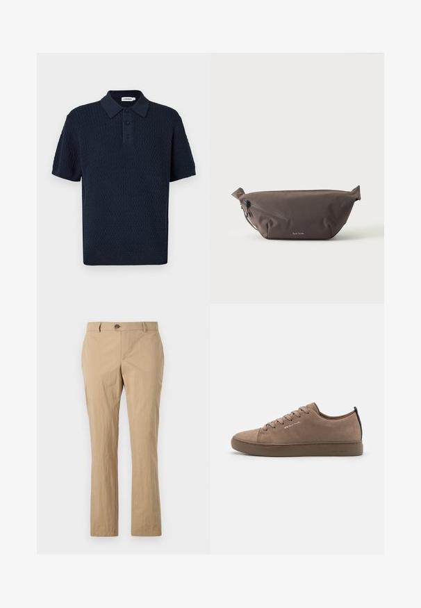 Polo texturé bleu marine à manches courtes avec patte de boutonnage trois boutons et col et poignets côtelés.; Pantalon en coton beige avec une coupe droite, doté d'une fermeture à bouton, de passants de ceinture et d'une texture lisse. Pas de motifs visibles.; Baskets en suède marron avec bout arrondi, design à lacets, onglet au talon contrastant et logo en relief. Semelle plate en caoutchouc, style minimaliste.; Sac banane en tissu marron foncé avec poche zippée en diagonale et petit logo blanc sur le devant, sur un fond clair uni.