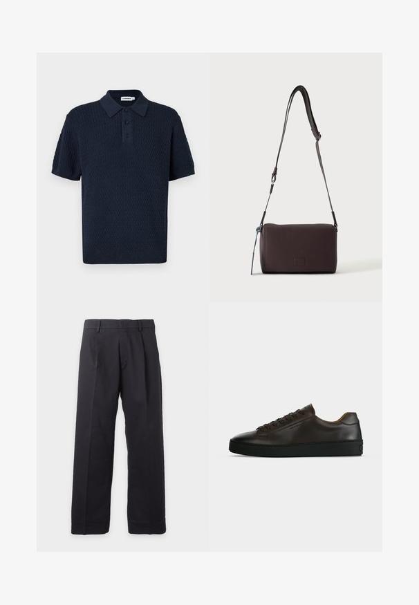 Polo texturé bleu marine à manches courtes avec patte de boutonnage trois boutons et col et poignets côtelés.; Pantalon noir droit avec passants de ceinture et plis devant sur fond blanc uni.; Baskets basses en cuir marron foncé avec semelle en caoutchouc noire, lacets à l'avant et design minimaliste épuré sur fond clair.; Sac bandoulière en cuir marron foncé texturé avec une sangle réglable et un petit accent décoratif bleu sur le côté.