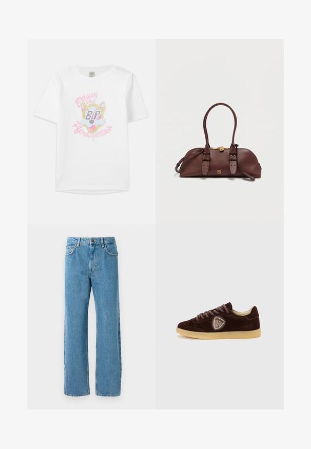Hvid bomulds t-shirt med et tegneserie design af en ræv med pink detaljer og teksten "Baum und Pferdgarten" i stiliseret skrift.; Lyseblå denimjeans med løs pasform, høj talje, fire lommer og lynlås. Klassisk fem-lomme design.; Brun ruskindsneaker med strukturerede snørebånd, beige sål og et perlebesat skjoldemblem på siden mod en ensfarvet hvid baggrund.; Brun læderhåndtaske med to korte håndtag, guldfarvet hardware og syninger som dekoration. Har en lynlåslukning og et dekorativt logo foran.