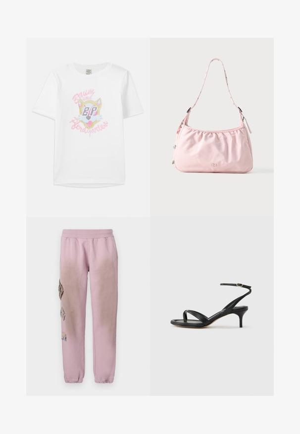 Camiseta de algodón blanca con un diseño de zorro de dibujos animados con acentos rosas y el texto "Baum und Pferdgarten" en una tipografía estilizada.; Pantalones de chándal rosas con cintura elástica, que presentan parches decorativos en forma de diamante en el lado izquierdo y puños elásticos en los tobillos.; Sandalia negra de cuero para mujer con tiras finas, un lazo para el dedo del pie, hebilla en el tobillo y tacón de aguja de altura media sobre un fondo neutro.; Bolso de hombro rosa claro con correa ajustable, borde superior fruncido, cierre de cremallera y pequeño logo en relieve en el centro frontal.