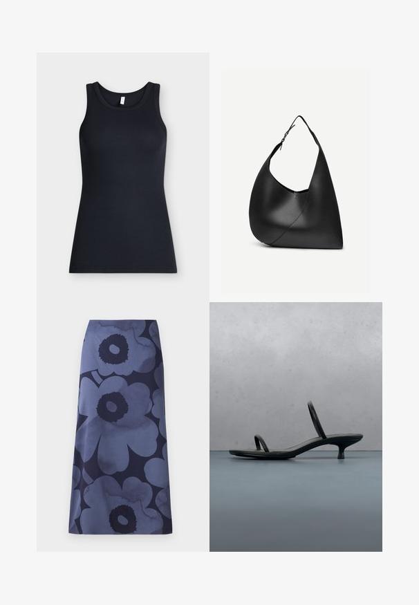 Camiseta sin mangas negra acanalada con escote redondo, mostrada plana sobre un fondo claro.; Falda midi con estampado floral que presenta grandes flores azul oscuro sobre un fondo azul más claro; la tela parece suave con una textura ligeramente brillante.; Sandalia de tacón negra Calvin Klein con tiras finas, equilibrada sobre baldosas de madera al aire libre cerca de una pared y vegetación.; Bolso de hombro de cuero negro con forma triangular curva, una única correa ajustable y una costura diagonal visible en el frente.