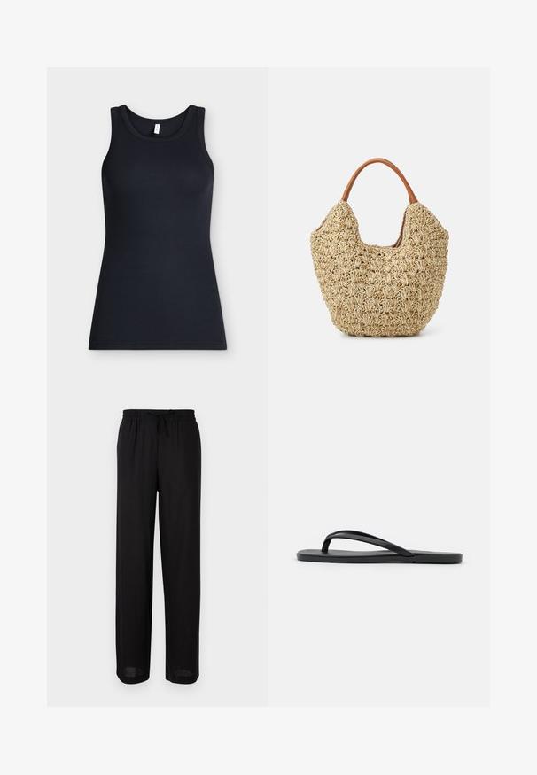 Débardeur noir côtelé sans manches avec encolure ronde, présenté à plat sur un fond clair.; Pantalon noir ample avec taille élastique et cordon de serrage, coupe droite, adapté pour une tenue décontractée.; Tongs noires au design minimaliste avec une semelle plate, des brides étroites et une texture lisse. Pas de motifs ou d'accents supplémentaires.; Sac fourre-tout en paille tissée avec une texture naturelle et une forme douce et organique, doté de poignées en cuir brun pour un transport facile.