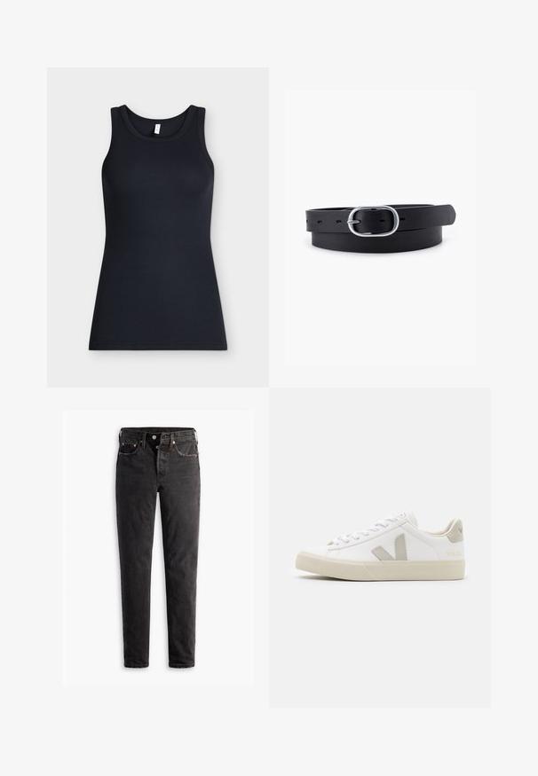 Schwarzes ärmelloses, geripptes Tanktop mit rundem Ausschnitt, flach auf hellem Hintergrund dargestellt.; Schwarze Jeans aus Denim mit geradem Bein, fünf Taschen, kupferfarbenen Beschlägen und einer leicht ausgebleichten Textur.; Weiße Sneaker aus Leder mit grauen V-Logo-Akzenten, strukturiertem Gummiabsatz, weißen Schnürsenkeln sowie gepolstertem Zungen- und Knöchelbereich.; Schwarzer Leder Gürtel mit glatter Textur, ovaler silberner Metallschnalle und mehreren Einstelllöchern entlang des Riemens. Flaches, minimalistisches Design.