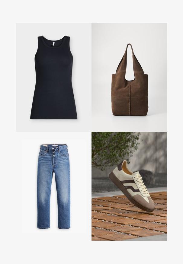 Zwarte mouwloze geribbelde tanktop met ronde hals, plat gelegd tegen een lichte achtergrond.; Blauwe denim jeans met een hoge taille, rechte pijpen en vervaagde delen. Voorzien van voorzakken en metalen details.; Crème en bruine sneaker met veters, suède neus en donkerbruine zool zwevend boven houten tegelvloer buiten.; Bruine suede tote bag met een slungelige ontwerp, voorzien van twee lange handvatten, een centrale naad en een ruwe afwerking.