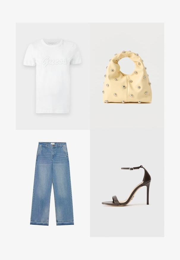 T-shirt blanc à manches courtes en coton avec un logo "Guess" texturé en cursive sur le devant, col rond et coupe standard.; Jean large taille haute bleu clair avec fermeture à bouton, poches avant, passants de ceinture et détails légèrement décolorés.; Sandale à talons hauts marron avec une fine bride de cheville et une bande de orteil plate. Texture en cuir lisse avec un bout pointu et un design à talon aiguille.; Sac à main jaune pâle avec poignée circulaire, décoré de petits clous en métal argenté uniformément espacés sur une surface lisse.