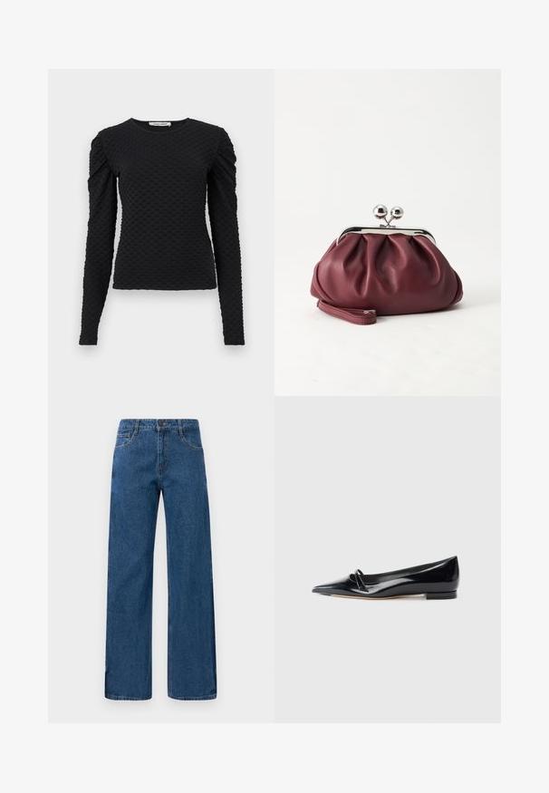 Sort langærmet tekstureret top med hævet prikmønster og let puf på skuldrene, rund halsudskæring og figursyet silhuet.; Blå højtaljede vide ben-jeans med for- og baglommer, knaplukning og synlig syning på en hvid baggrund.; Sorte patentlæder flade sko med spids tå, lille dekorativ rem og lav blokhæl. Glat tekstur og strømlinet design.; Lille bordeauxlæder clutch-pung med sølv metal lukning og håndledsrem på hvid baggrund.