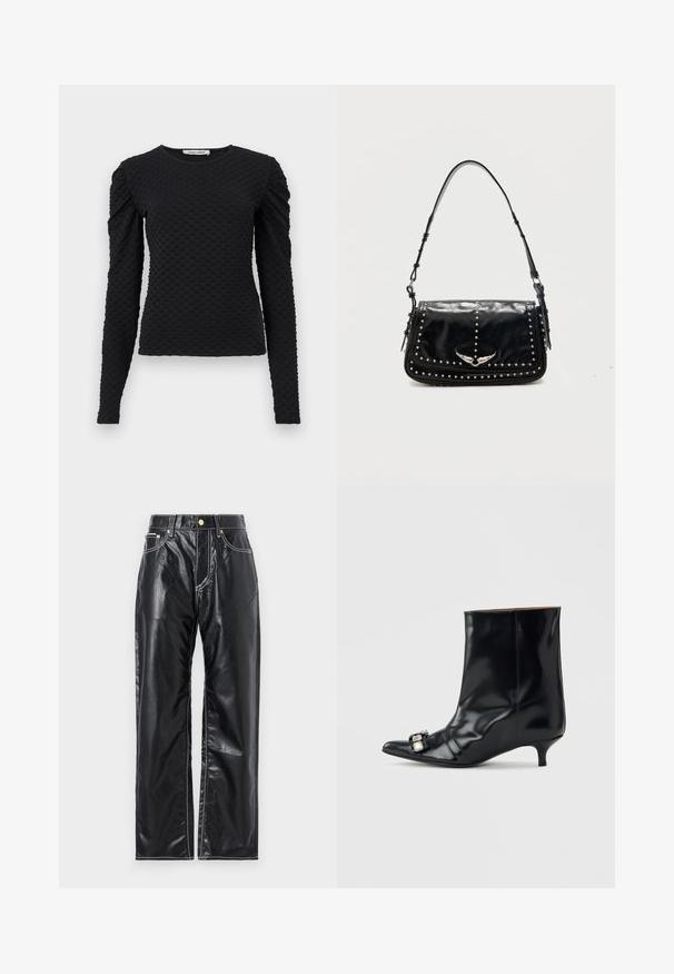 Haut noir à manches longues texturé avec motif à petits points en relief et épaules légèrement bouffantes, encolure ronde et silhouette ajustée.; Pantalons en cuir synthétique noirs à coupe large, avec des coutures blanches, des poches avant et un bouton doré à la taille.; Bottine en cuir noir avec bout pointu, petit talon kitten bas et boucle décorative en argent sur le côté près de l'orteil.; Sac à épaule en cuir noir avec des clous argentés et un emblème métallique ailé sur le rabat avant sur fond uni.