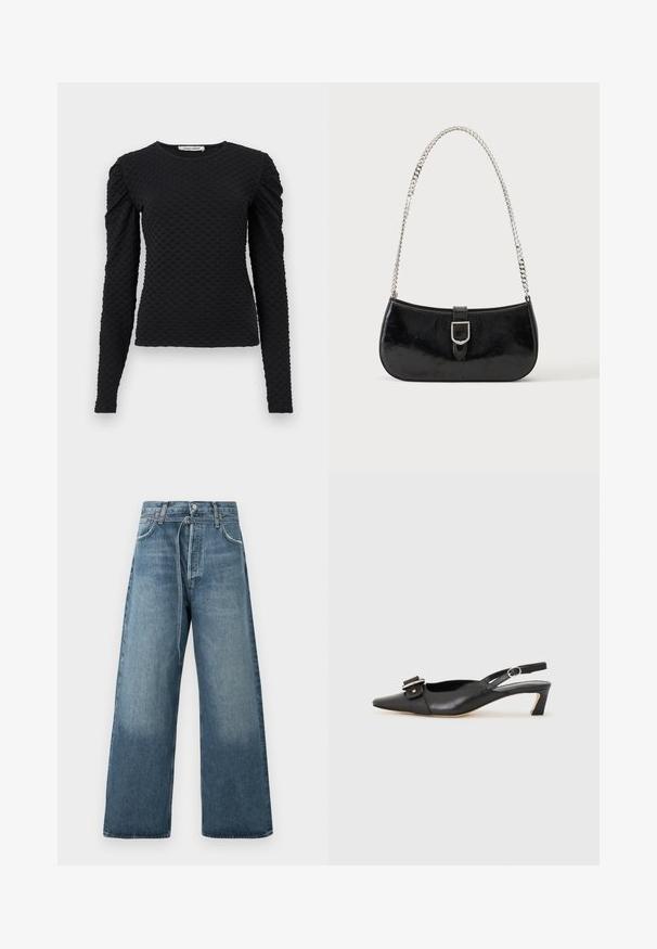 Haut noir à manches longues texturé avec motif à petits points en relief et épaules légèrement bouffantes, encolure ronde et silhouette ajustée.; Jeans évasés bleu en délavé, fabriqués en denim avec des accents de couture visibles et une fermeture à bouton à la taille.; Chaussure slingback en cuir noir avec un bout pointu, un petit talon et un détail de boucle décoratif sur le dessus. Texture lisse, design minimaliste.; Sac à épaule en cuir verni noir avec détail de boucle argentée et bandoulière en chaîne argentée, présenté sur un fond uni clair.