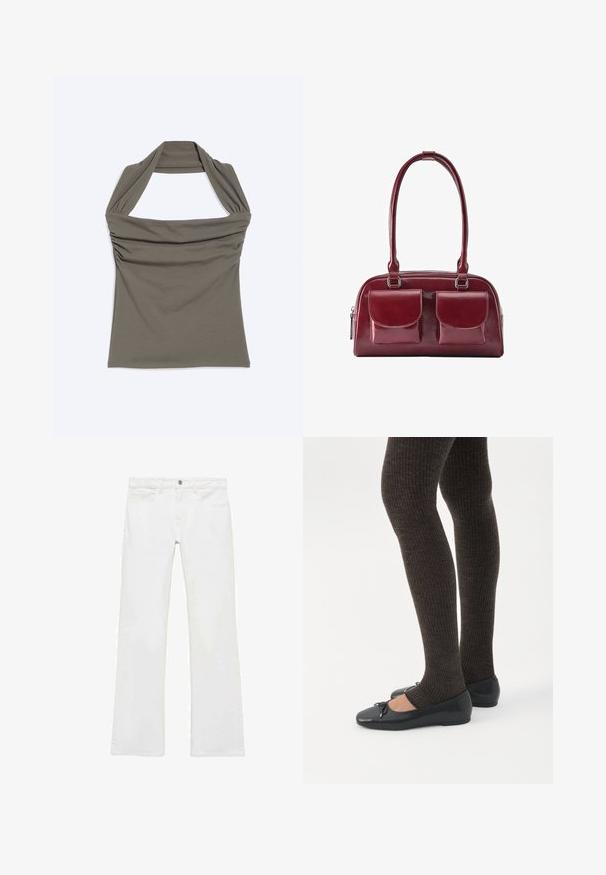 Ärmelloses olivgrünes Neckholder-Top mit gerafften Stoffdetails und geradem Saum vor einem schlichten hellen Hintergrund.; Weiße, ausgestellte Jeans aus einem glatten Baumwollstoff, mit fünf Taschen, einem Metallknopfverschluss und Gürtelschlaufen. Die Beine haben ein leichtes Verfeinerungsdetail.; Beine in dunklen, gerippten Leggings kombiniert mit schwarzen Ballerinas mit kleinen Schleifendetails auf weißem Hintergrund.; Dunkelrote Lederhandtasche mit zwei vorderen Klappentaschen und langen Schulterriemen, gezeigt auf weißem Hintergrund.