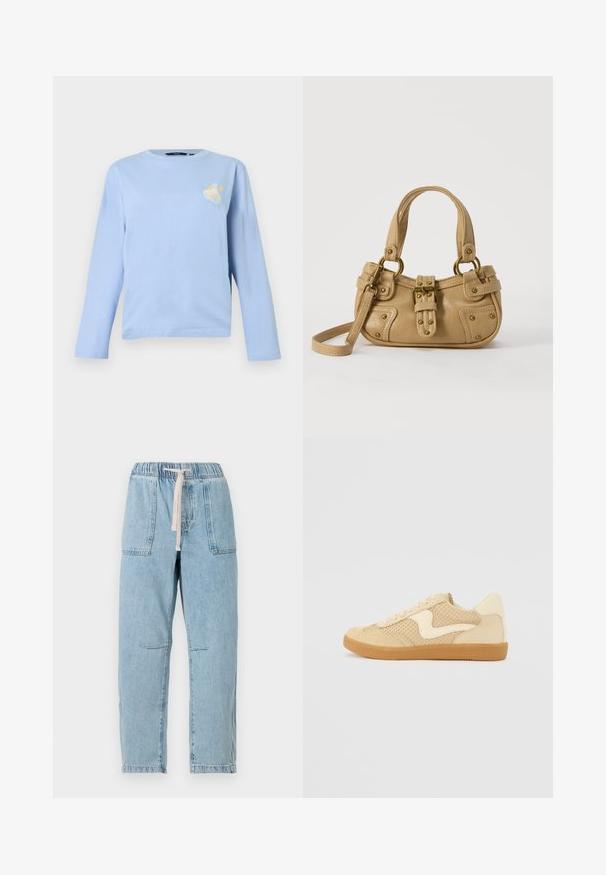 Lichtblauw langermelig T-shirt van zacht katoen, met een klein geborduurd ontwerp van een mand met fruit op het linkerborstgebied.; Lichtblauwe denim broek met een elastische tailleband en koord. Voorzien van twee voorzakken en zichtbare stiksels. Rechte pasvorm.; Beige sneaker van suede en mesh materialen, ronde vorm, opvallende gepolsterde kraag en een gumrubberen zool. Kenmerkt zich door een golvend ontwerp accent.; Beige leren handtas met dubbele handvatten, messing gesps en klinknagel details, en een verstelbare schouderriem tegen een witte achtergrond.