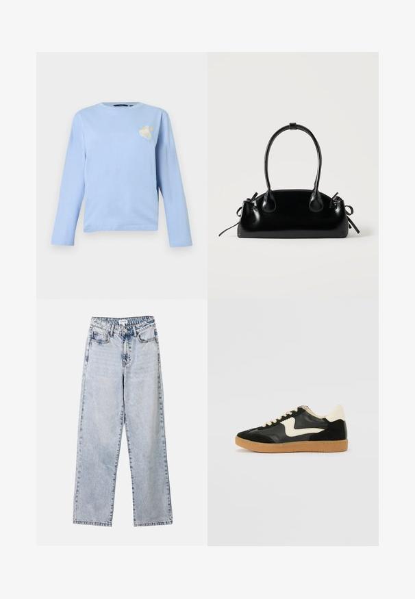 Lyseblå langærmet t-shirt lavet af blød bomuld, med et lille broderet motiv af en kurv med frugt på venstre brystområde.; Lysblå lige ben jeans lavet af denim, med to frontlommer, en knaplukning og kontraststing langs sømmene.; Sorte ruskinds- og lædersneakers med en cremefarvet side-swoosh og lys cremefarvet hæl. Har beige snørebånd og en gummirubber-sål.; Lille sort blank håndtaske med to lange håndtag og snøre-detaljer i siden på en ensfarvet lys baggrund.