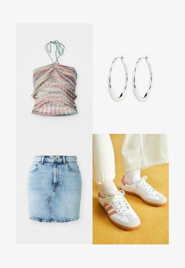 Pletený halter top s viacfarebnými pruhmi v pastelových odtieňoch, s textúrovaným povrchom a viazaním na krku.; Svetlomodrá džínová sukňa so priliehavým strihom, piatimi vreckami, zapínaním na gombík a zips, a so šitými detailmi pozdĺž spodného okraja.; Biele športové topánky s ružovými akcentmi, z semišových a kožených materiálov, s okrúhlou špičkou a gumenou podrážkou, zobrazené s svetlými ponožkami na žltom pozadí.; Strieborné kruhové náušnice s hladkým, lesklým povrchom. Obľúbený tvar, vybavené bezpečným zapínaním. Jednoduchý a elegantný dizajn.