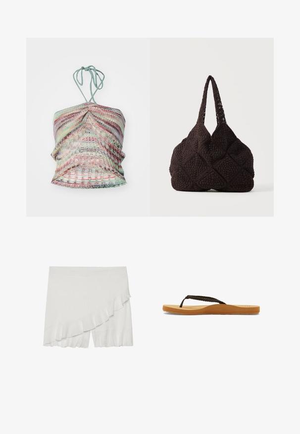 Strikket haltertop med flerfarvede striber i pastelfarver, med en struktureret finish og en snørelukning ved halsen.; Hvide shorts i et tekstureret stof, med en asymmetrisk flæse langs den ene side og en let udvidet kanten.; Brune flettede rem flip-flop med en blød sål og tan fodseng, der har et afrundet design og struktureret gummisål for godt greb.; Sort hæklet mulepose med teksturerede firkantede mønstre og to skulderremme, der står mod en ensartet baggrund.