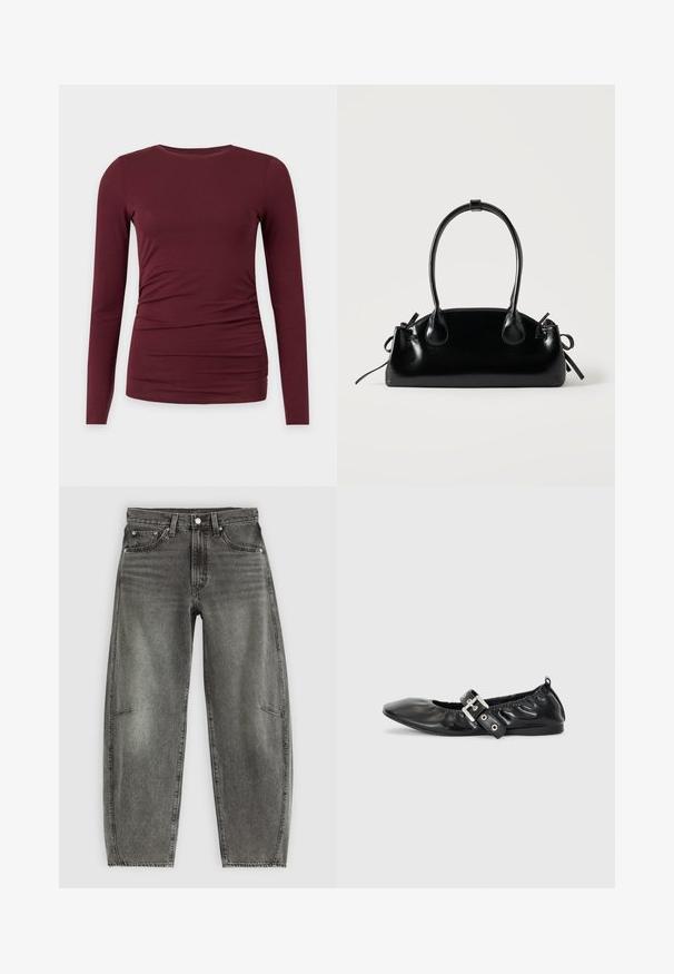 Chemise bordeaux ajustée à manches longues avec un léger froncé sur un côté, encolure ronde, présentée sur fond blanc.; Jeans en denim gris délavé taille haute avec cinq poches, fermeture à bouton et coupe droite relaxée.; Chaussure plate en cuir noir avec un nez pointu, des détails froncés autour de l'ouverture et un accent en boucle argentée sur la bride ajustable.; Petit sac à main noir brillant avec deux longues anses et des détails à cordon sur les côtés sur un fond clair uni.