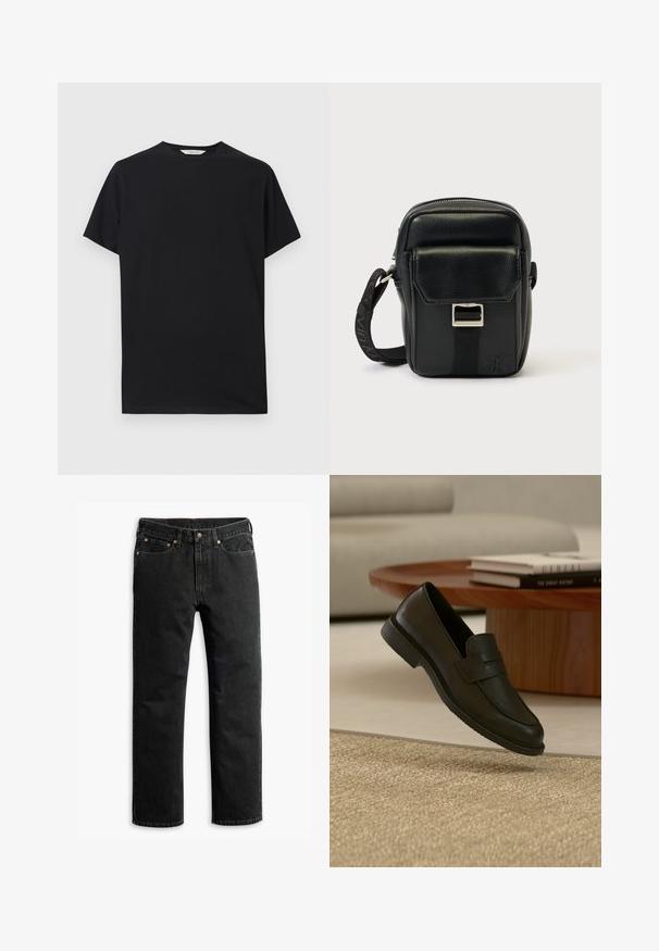 Schwarzes T-Shirt mit kurzen Ärmeln aus weichem Baumwollstoff. Rundhalsausschnitt mit lockerer Passform, das saubere, einfache Linien aufweist und keine sichtbaren Muster hat.; Schwarze Jeans im geraden Schnitt mit fünf Taschen, Gürtelschlaufen und einem Knopfverschluss an der Taille, flach auf einem weißen Hintergrund ausgelegt.; Schwarzer Lederloafer-Schuh schwebt über einem beige gewebten Teppich, mit einem Holztisch und gestapelten Büchern in einem sanft beleuchteten Wohnzimmer.; Schwarze Leder-Umhängetasche mit strukturierter Oberfläche, vorne mit einer Tasche, silbernen Beschlägen und verstellbarem Riemen.