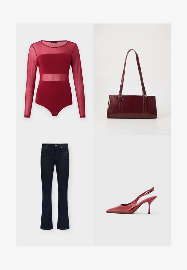 Langærmet burgundy bodystocking med transparente meshpaneler på øvre bryst, talje og ærmer, med rund halsudskæring og tætsiddende pasform.; Mørkeblå denimjeans med en mellemhøj talje, knap foran og let vidde forneden på en ensfarvet baggrund.; Røde patentlæder slingback-hæl med spids tå, slank stiletto hæl og et lille udskæringsdetalje på siden. Glat tekstur.; Bordeaux håndtaske lavet af glansfuldt materiale, rektangulær form, med to skulderremme og subtile buede detaljer på forsiden.