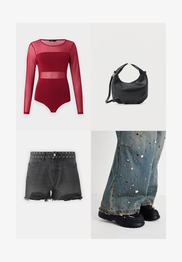 Pikkade varrukatega burgundi värvi kehakate läbipaistvate võrkdetailidega üla-rinna, talje ja varrukate piirkonnas, ümmarguse kaelusega ja keha järgiva lõikega.; Mustad denim lühikesed püksid, millel on kulunud äär ja taskud. Omab nahkdetailidega vööd ja sasitud servi, mis lisavad karmile kujundusele.; Denim flared püksid metallist nupud ja reinud. Kulumise jälgedega äär ja nähtavad taskud. Kandmine koos turske mustade kingadega, millel on okkad.; Mustast punutud nahast käekott lühikese sangaga ja eemaldatava õlarihmaga, esitatud lameda heleda tausta ees.