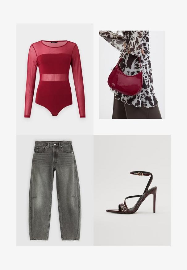 Bordeauxroter Langarm-Body mit transparenten Mesh-Einsätzen auf oberer Brust, Taille und Ärmeln, mit rundem Ausschnitt und figurbetontem Design.; Hochtaillierte, grau gewaschene Jeans aus Denim mit fünf Taschen, Knopfverschluss und einer lässigen, geraden Passform.; Bordeaux-farbenes Lackleder-High-Heel-Sandale mit einem Knöchelriemen, spitzem Zehenbereich und drei horizontalen Riemen über dem Fuß. Details mit goldfarbener Schnalle.; Frau trägt eine schwarz-weiß gemusterte Bluse und hält eine glänzende rote Schultertasche vor einem einfarbigen Hintergrund.