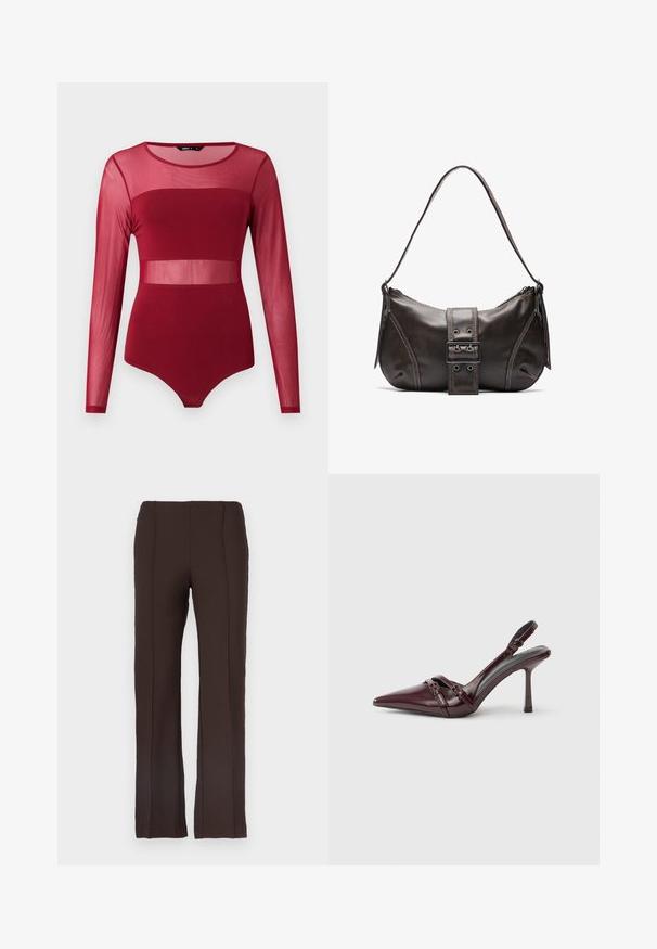 Body bordeaux à manches longues avec panneaux en maille transparente sur le haut de la poitrine, la taille et les manches, avec un col rond et une coupe ajustée.; Pantalon marron ajusté avec une texture lisse, doté d'une taille haute et de détails de couture verticale à l'avant, design à jambes droites.; Escarpin slingback en cuir verni bordeaux avec bout pointu, fine bride à la cheville et petit détail décoratif de boucle. Texture lisse et talon haut.; Sac à épaule en cuir marron avec une forme courbée, présentant un détail de boucle proéminent, des coutures contrastantes et une seule bandoulière.
