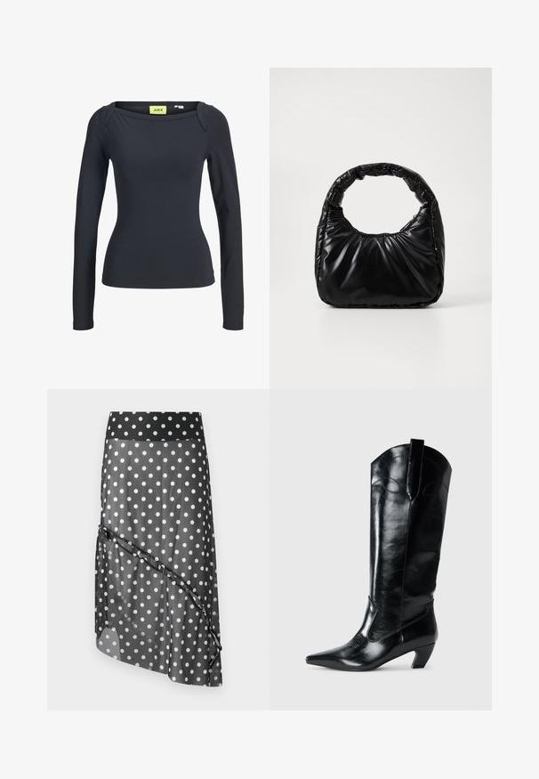 Haut noir à manches longues, ajusté, avec un col carré et une étiquette visible portant la mention "JJXX" à l'intérieur du col.; Jupe à pois noirs avec une superposition transparente, dotée d'une ceinture large et d'un design asymétrique en couches. Texture lisse et matériau léger.; Bottes en cuir noir montantes jusqu'au genou, avec une pointe effilée, un talon bas, et des détails de couture décoratifs sur les côtés. Fini lisse et brillant.; Sac à main noir rembourré avec une poignée arrondie, présentant une surface lisse et brillante ainsi qu'une texture douce et matelassée. Pas de quincaillerie ou d'accents visibles.