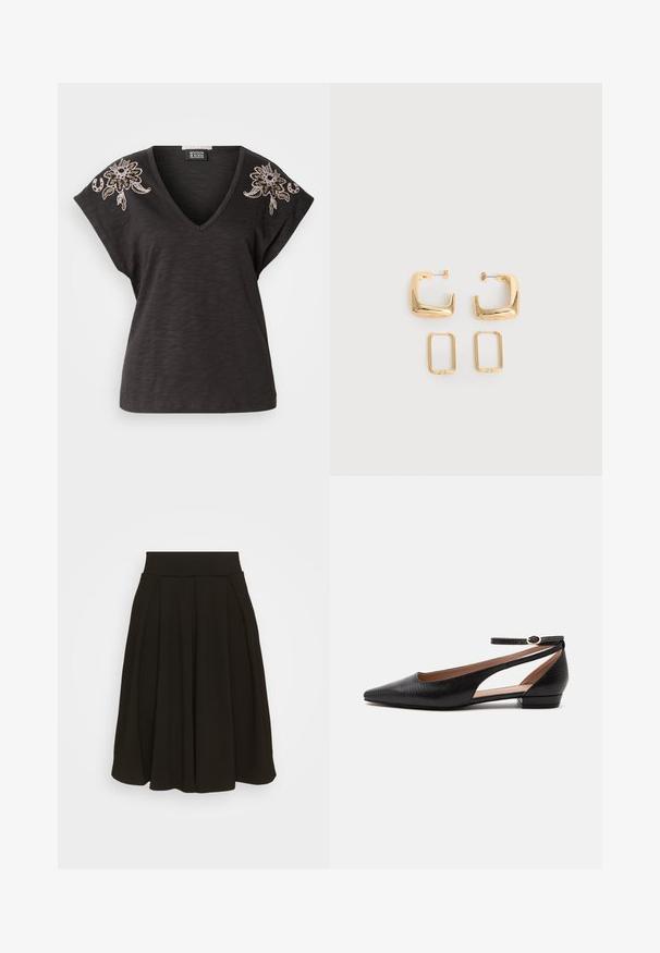 Schwarzes V-Ausschnitt-T-Shirt mit kurzen Dolman-Ärmeln, verziert mit filigraner Blumenstickerei in Braun- und Beigetönen auf beiden Schultern.; Schwarz gefaltetem Rock mit einem breiten, elastischen Bund. Hergestellt aus einem weichen Stoff, mit einem knielangen Saum und glatter Textur.; Schwarzer, spitzer Ballerina mit Knöchelriemen und niedrigem Absatz, mit einer strukturierten, künstlichen Krokodilprägung.; Zwei Paare goldfarbener geometrischer Creolen auf einer schlichten weißen Oberfläche, ein Paar quadratisch und massiv, ein Paar rechteckig und hohl.