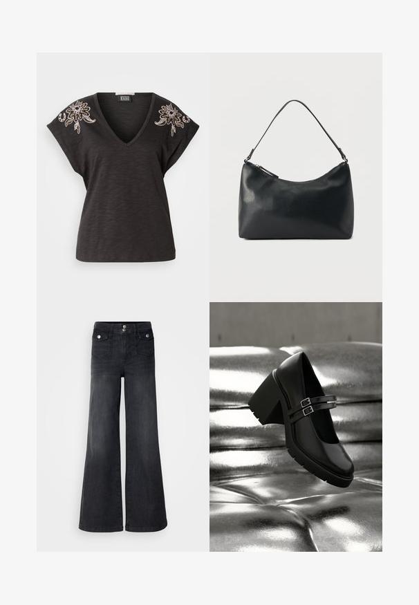 Camiseta negra de cuello en V con mangas dolman cortas, con un intrincado bordado floral en tonos marrones y beige en ambos hombros.; Pantalones vaqueros de mezclilla negra de pierna ancha con una cintura alta, botones en la parte frontal y dos bolsillos delanteros; textura suave con un ligero acabado desvanecido.; Zapato negro de tacón grueso con doble hebilla, descansando sobre una superficie plateada y acolchada que resalta la textura y diseño del zapato.; Bolso de hombro de cuero negro texturizado con cremallera curva en la parte superior y una sola correa ajustable sobre un fondo liso.