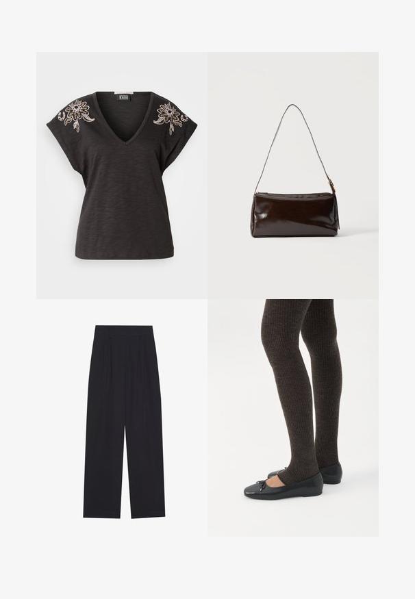 Camiseta negra de cuello en V con mangas dolman cortas, con un intrincado bordado floral en tonos marrones y beige en ambos hombros.; Pantalones anchos negros de tela suave, con pliegues, cinturilla plana y sin bolsillos ni adornos visibles.; Piernas con leggings oscuros acanalados combinados con bailarinas negras que presentan pequeños detalles de lazo sobre un fondo blanco.; Bolso de hombro rectangular de cuero marrón oscuro con una única correa delgada y hebilla dorada sobre un fondo liso.