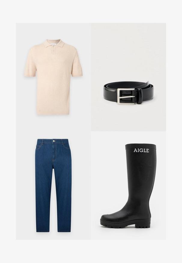 Beige strik polo med korte ærmer, tekstureret mønster, to-knaps pløk og ribbet krave og ærmekanter.; Mørkeblå denimjeans med lige ben, frontknap og lynlås, fem-lomme design og synlige syninger ved talje og lommer.; Sorte gummistøvler med en glat overflade, høj skaft og en robust, rillet sål. Har et hvidt AIGLE-logo foran.; Rullet sort blankt læderbælte med en sølvfarvet rektangulær metalspænde på en ensfarvet lys baggrund.
