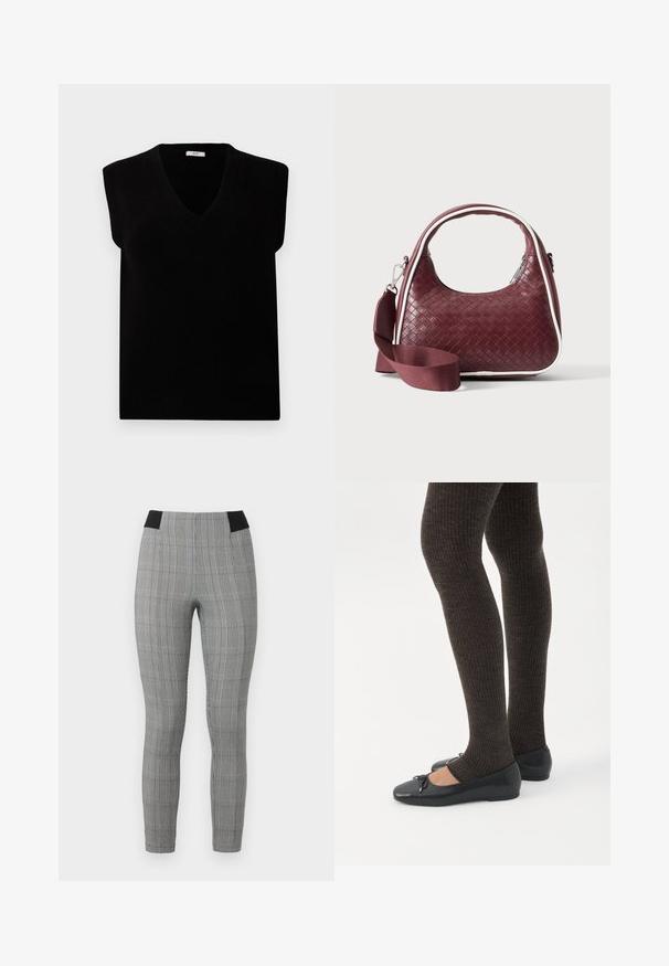 Suéter negro sin mangas con escote en V, hecho de material suave. Presenta detalles acanalados en el escote y las sisas. Diseño simple y minimalista.; Leggings de cuadros grises con un diseño ajustado, que presentan una cinturilla elástica negra y bolsillos laterales. Tela texturizada con un patrón de cuadros.; Piernas con leggings oscuros acanalados combinados con bailarinas negras que presentan pequeños detalles de lazo sobre un fondo blanco.; Bolso de mano de cuero tejido color granate con asa curva, ribete blanco, cremallera plateada y correa desmontable de tela ancha para el hombro sobre fondo liso.