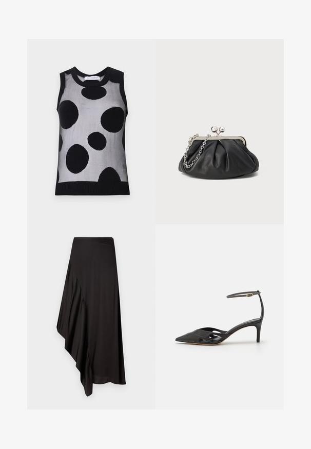 Mustmust värvitud mustade ja hallide suurte täppidega, mis asuvad heledahalli taustal. Ribbiga kaelus ja äär.; AERON ASTER SKIRT - Pliiatsseelik - black; Must mustaharjal süngeteisega kingad, millel on terav varvas, avatud küljed ja õhuke pahkluuring, kus on väike kuldne detail.; Musthave musta nahast käekott, millel on volditud tekstuur, hõbedane metallraam, lukustatud sulgemismehhanism ja kett. Sile ja pehme pind.