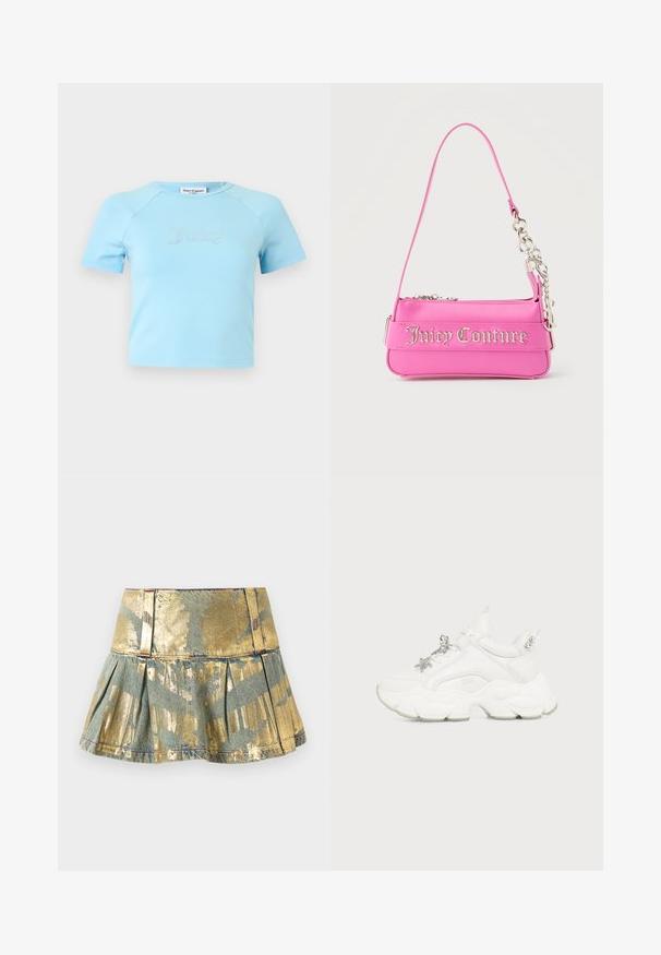 Svetlomodrý krátky crop top s krátkymi rukávmi a okrúhlym výstrihom, s nápisom „Juicy" z kryštálikov uprostred na hrudi.; Zlatá a teal plisovaná denimová sukňa s lesklým povrchom, s priliehavým pásom a kontrastným šitím.; Biele masívne tenisky s hrubou textúrovanou podrážkou, striebornými príveskami v tvare hviezdy a motýľa na šnúrkach a striebornými nitmi na zadnom páse.; Malá jasnoružová kabelka Juicy Couture so strieborným reťazovým detailom a nápisom loga na prednej strane, s úzkym popruhom na rameno.