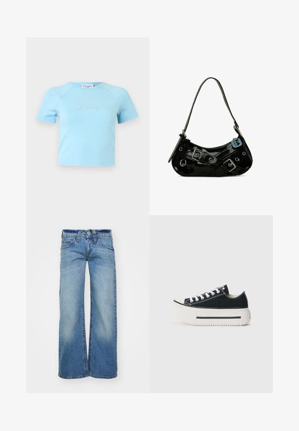 Hellblaues Crop-Top mit kurzen Ärmeln und rundem Ausschnitt, mit „Juicy“ in Strasssteinen zentriert auf der Brust.; Hellblaue weit geschnittene Jeans aus Denim-Stoff mit einer ausgewaschenen Optik, fünf Taschen und einem Knopfverschluss mit Gürtelschlaufen.; Schwarze Canvas-Sneaker mit einer weißen Gummisohle, die eine dicke Plateausohle, weiße Schnürsenkel und kontrastierende Nähte entlang der Nähte aufweisen.; Schwarze Lackleder-Handtasche mit geschwungener Form, ausgestattet mit silbernem Beschlag, dekorativen Schnallen und einem kurzen Griff. Blaue Anhängeschild befestigt.