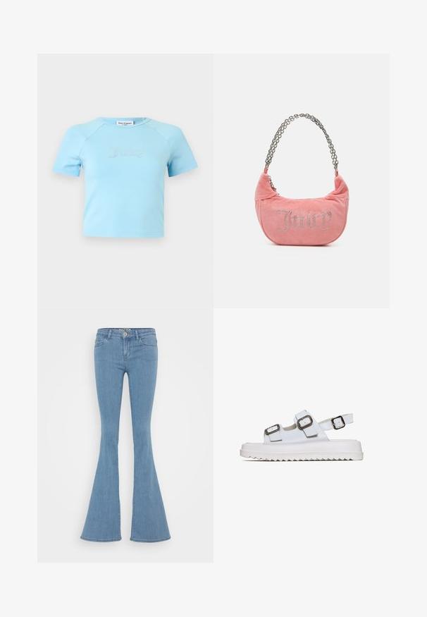 Top corto de manga corta azul claro con escote redondo, con la palabra "Juicy" en letras de pedrería centradas en el pecho.; Jeans acampanados de color azul claro hechos de denim, con una cintura ajustada, abertura de pierna ancha y diseño clásico de cinco bolsillos.; Sandalia blanca con dos correas ajustables, hebillas plateadas y una suela blanca gruesa con un patrón de zigzag. Textura suave y diseño abierto.; Juicy Couture KIMBERLY SMALL SET - Bolso de mano - pink