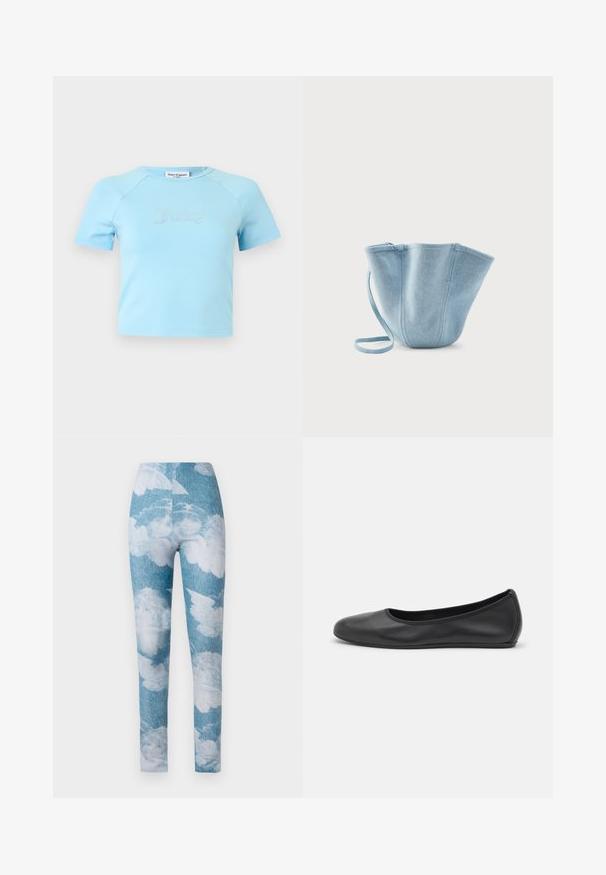 Crop top bleu clair à manches courtes avec col rond, avec l'inscription « Juicy » en strass centrée sur la poitrine.; Leggings avec un fond en denim bleu et des motifs de nuages blancs. Le tissu semble extensible avec un design ajusté et une longueur au niveau de la cheville.; Ballerines en cuir noir avec un bout rond, texture lisse, détails de couture minimalistes et design de semelle flexible.; Sac seau en tissu bleu clair avec longue bandoulière, grande ouverture supérieure et coutures verticales cousues, sur fond blanc uni.