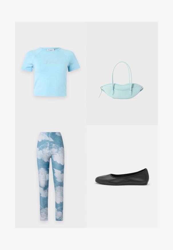 Lyseblå crop top med korte ærmer og rund halsudskæring med teksten "Juicy" i rhinsten midt på brystet.; Leggings med en blå denim baggrund og hvide sky mønstre. Stoffet synes strækbart med en tætsiddende design og ankel længde.; Sort læderballetsko med rund tå, glat tekstur, minimal syning og et fleksibelt såldesign.; Lyseblå læderhåndtaske med en unik bølget form, dobbelt håndtag og lynlåslukning. Glat tekstur med minimalistiske design accenter.