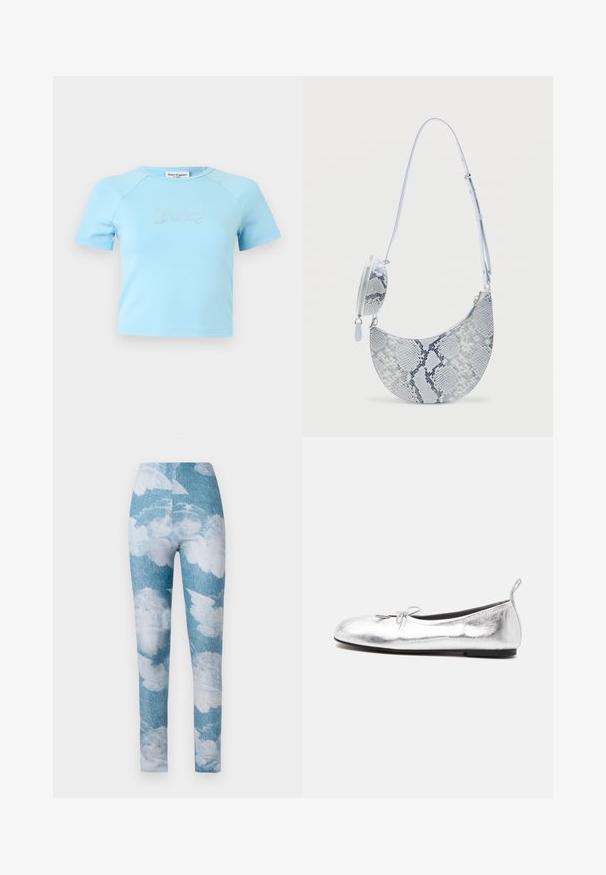 Lyseblå crop top med korte ærmer og rund halsudskæring med teksten "Juicy" i rhinsten midt på brystet.; Leggings med en blå denim baggrund og hvide sky mønstre. Stoffet synes strækbart med en tætsiddende design og ankel længde.; Sølvmetallic balletsko med lille sløjfe foran, sort sål og trækflap ved hælen, vist fra siden.; Skuldertaske med stor halvmåneform og lille rund lynlåspung fastgjort, med gråt og hvidt slangeskindsmønster og justerbar rem.