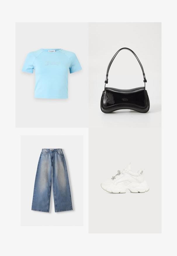 Svetlomodrý krátky crop top s krátkymi rukávmi a okrúhlym výstrihom, s nápisom „Juicy" z kryštálikov uprostred na hrudi.; Široké modré denimové džínsy s vysokým pásom a vyblednutými detailmi, položené na bielom pozadí.; Biele masívne tenisky s hrubou textúrovanou podrážkou, striebornými príveskami v tvare hviezdy a motýľa na šnúrkach a striebornými nitmi na zadnom páse.; Čierna lakovaná kabelka s zakriveným tvarom, jedným uchom a zaobleným dnom. Na prednej strane sa nachádza decentný detail loga.