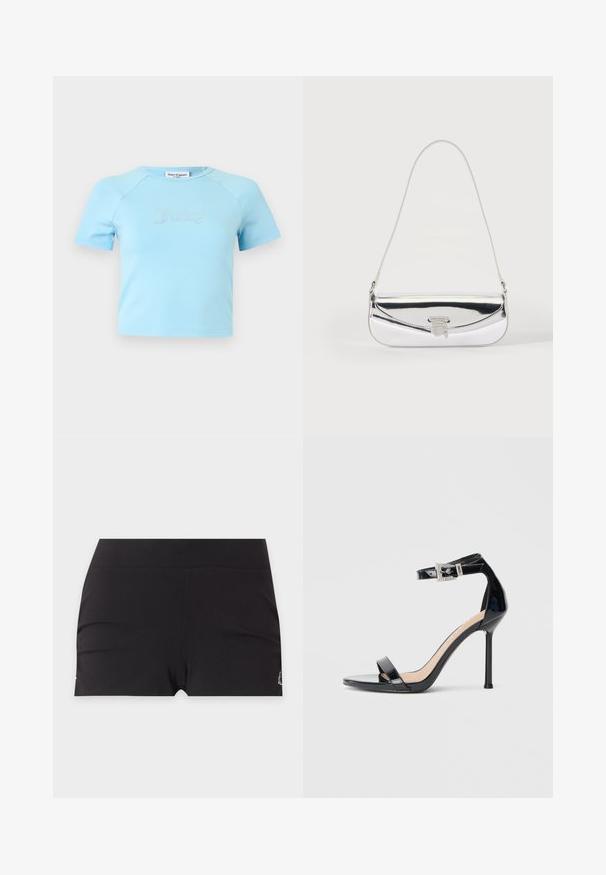 Crop top bleu clair à manches courtes avec col rond, avec l'inscription « Juicy » en strass centrée sur la poitrine.; Shorts noirs extensibles sans coutures avec une large ceinture et un petit logo sur le côté inférieur.; Sandale à talon haut en cuir verni noir avec bride à la cheville. Présente un design minimaliste, un bout ouvert et une boucle ornée de strass.; Petit sac à épaule argenté avec une fine bandoulière et un rabat avant sécurisé par un fermoir métallique.