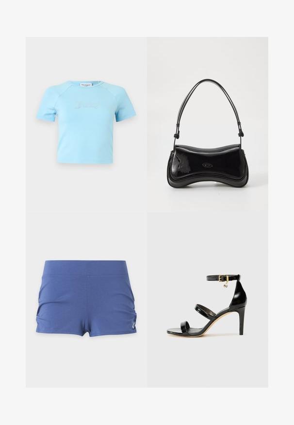 Crop top bleu clair à manches courtes avec col rond, avec l'inscription « Juicy » en strass centrée sur la poitrine.; Short de sport bleu pour femme avec une large ceinture et un froncé latéral subtil sur un fond uni.; Sandale en cuir verni noir avec trois brides, boucle de cheville et talon aiguille de 10 cm. Présente un détail en métal doré et un charm logo.; Sac à main en vernis noir avec une forme courbée, une poignée unique et un fond arrondi. Présente un détail de logo discret à l'avant.